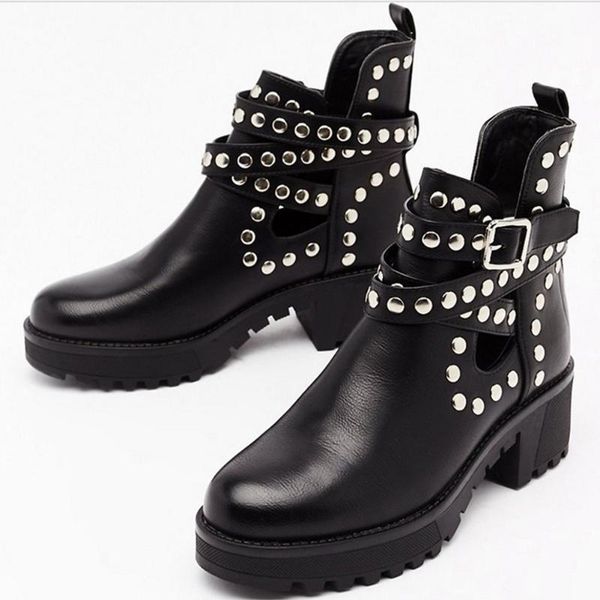 

sarairis buckle rivet platform comfy autumn boots women fashion designer brand boots ladies ankle shoes, Black