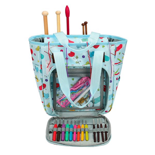 

yarn storage bag portable multifunction tote bag empty crochet organizer bags for yarn balls crochet hooks knitting needles blue