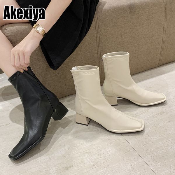 

ankle boots for women winter shoes brand female boots square heels zipper casual shoes 2020 spring autumn new arrival p074, Black
