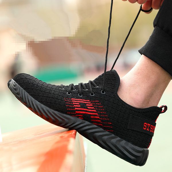 

british fashion men large size steel toe caps work safety shoes breathable mesh worker shoe summer tooling security boots black
