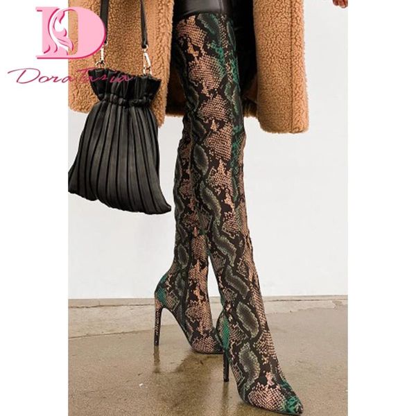 

doratasia big size 34-43 ladies over the knee boots zip snake veins thin high heels thigh high heels women 2020 woman shoes, Black
