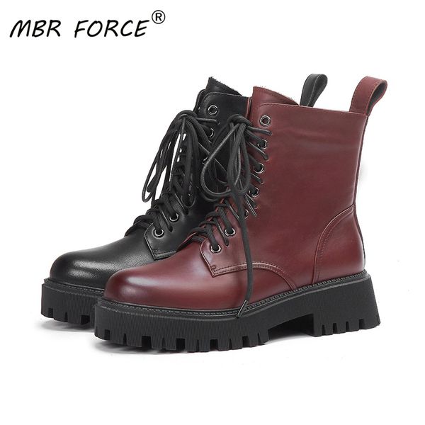 

mbr force 2020 leather british ankle boots front lace ladies fashion warm low heel zipper shoes ladies red, Black