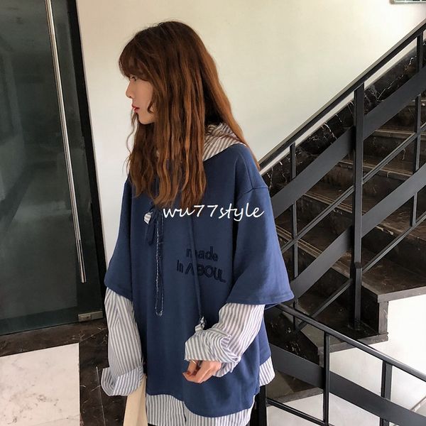 

fake coat embroidered coattwo-piece sweater women's long sleeve korean stylestyle all-match loose stitching hooded embroidered student, Black