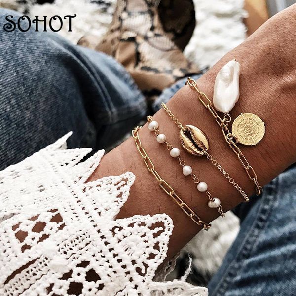 

charm bracelets so boho 4pcs multilayer set women shell imitation pearl round disc for gypsy femme party bijoux gift, Golden;silver