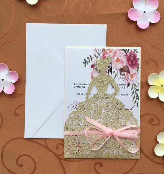 

lovely girl gold glitter laser cut wedding invitations card , baby baptism engagement invitation cards, 100pcs, express shipping