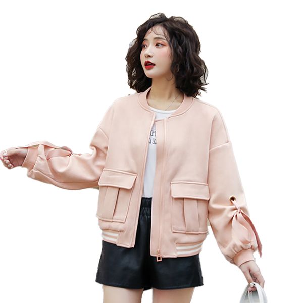 

2020 new women short coat spring autumn long sleeves solid color loose zipper coat thin women's motorcycle wild jacket 58lx, Black;brown