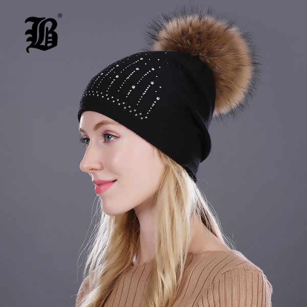 

flb] winter hat for women fur wool knitted hat beanies real pom poms rhinestone skullies girls caps, Blue;gray