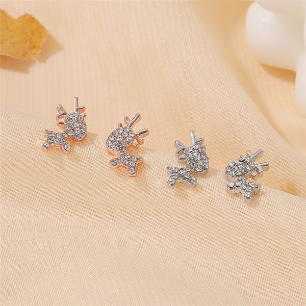 

20pairs/lot new design elk deer stud earrings for women christmas gift rhinestone animal alloy rose gold earring charm ear jewelry, Golden;silver