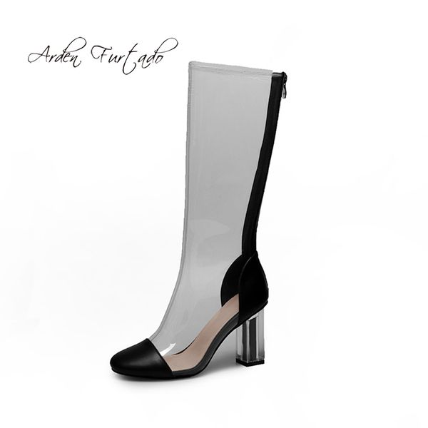 

arden furtado 2020 весны осени молнии высоких каблуков коренастого 8см круглого размера носок 40 моды ясно пвх обувь женщины дам белых сапог, Black