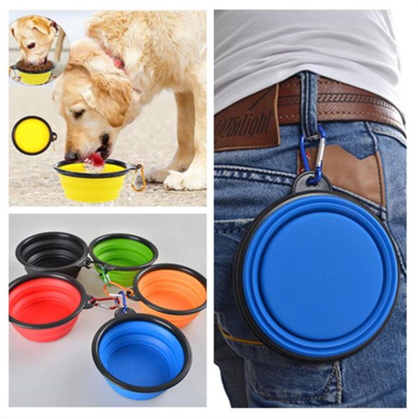 

Portable Foldable Dog Bowl Collapsible Silicone Pet Cat Dog Food Water Feeding Travel Bowl with Carabiner 9 Colors gift Free Shipping