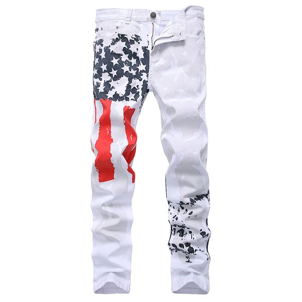 

new fashion stylish cool men's pants jeans with print graffiti painted denim slim fit white jeans male hip hop rock street wear, Blue