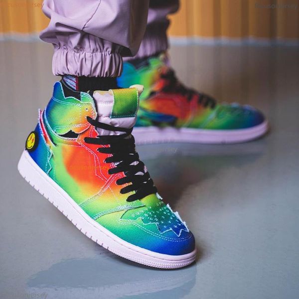 

new j balvin high og men basketball shoes 1s black pink multi-color tie-dye jumpman mens women sport sneakers outdoor trainers size eur36-44