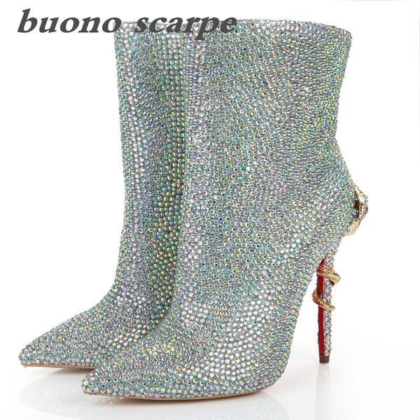 

2020 new snake-shaped high-heeled pointed head side zipper hand-drilled colorful ladies fashion booties, Black