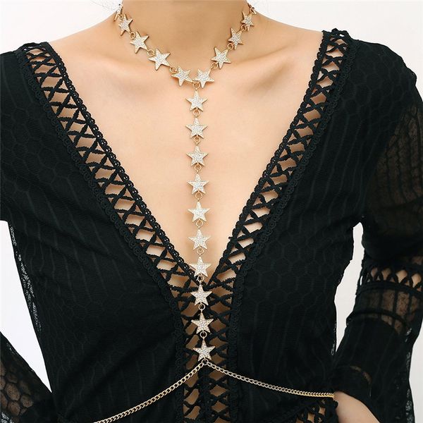 

pinksee punk boho chic body chain gold silver color pentagram necklace for women personality exaggerated crystal jewelry