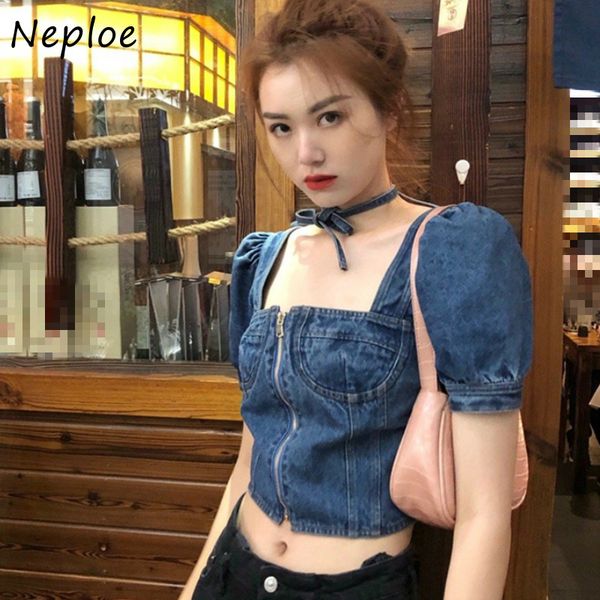 

neploe women summer denim blouse streetwear vintage square collar puff sleeves basic korean zipper denim solid blusa shirts, White