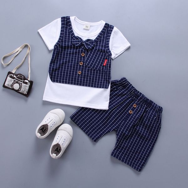

newborn baby clothing boys gentlemen sets summer cotton striped fake two pieces shorts t-shirts pants outfits party suits, White