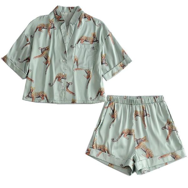 

animal leopard satin short shirt pajama suits elastic waist wide leg shorts women loose short sleeve blouse 2 pieces set, Black;red