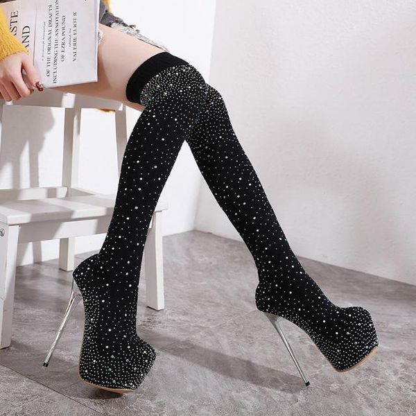 

16cm over-the-knee boots women's 2020 european and american knitted crystal high heel all-match centimeter ultra high heel boots, Black