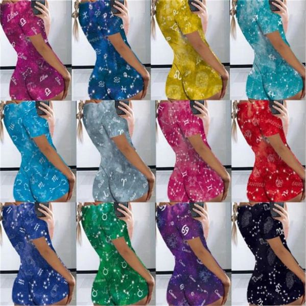 

fashion women jumpsuit slim twelve constellations printed short sleeve pajamas shorts nightclub ladies tights rompers s-2xl new ly9172, White