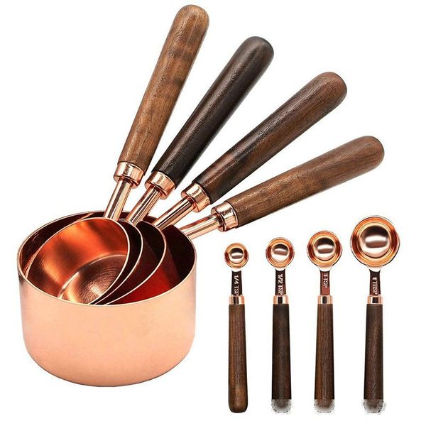 

8pcs measuring cups spoons set walnut handle stainless steel plated copper metal measuring scoop baking kit kitchen accessories t200523