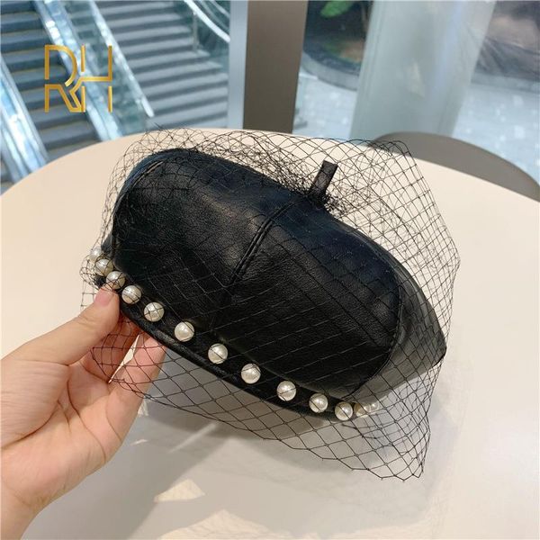 

berets fashion autumn winter pearl lace pu leather beret hat women brand quality female french cap rh, Blue;gray