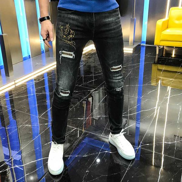 

men's jeans autumn 2021 style young fashion hole drill simple casual versatile elastic slim trend men, Blue