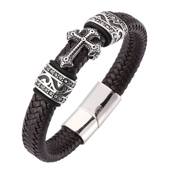 

trendy cross bracelet men jewelry brown braided leather handmade bracelet stainless steel magnetic clasps punk wristband sp0109, Golden;silver