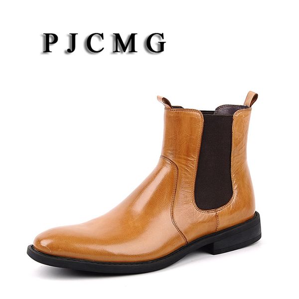 

pjcmg new autumn/winter genuine leather black/brown pointed toe cowhide men's brogue wedding office ankle slip-on footwear boots