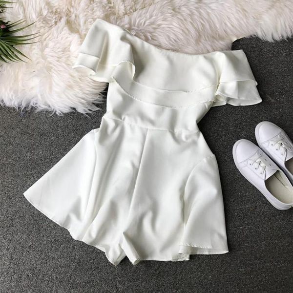 

new summer playsuits women short sleeve off shoulder shorts jumpsuits ladies solid beach wear beho rompers bodysuits-a, Black;white
