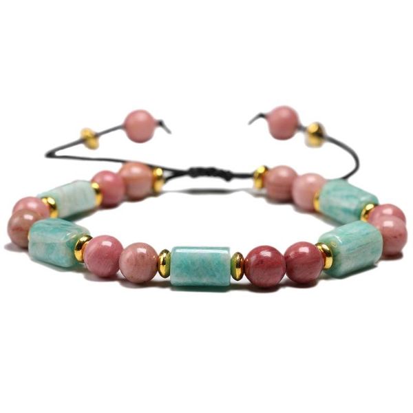 

tennis hand woven friendship bracelets amazonite and 6mm rhodochrosite gem bracelet fow women men adjustable, Golden;silver