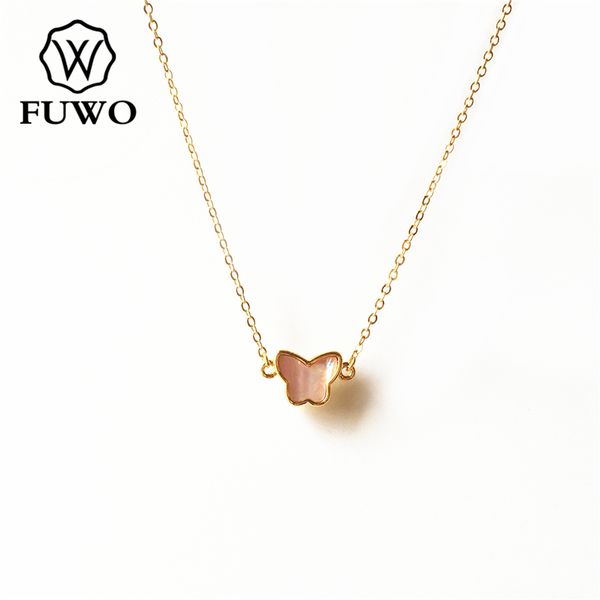 

fuwo natural pink shell butterfly shape necklace with gold trimmed brass chain seashell jewelry wholesale nc516, Silver