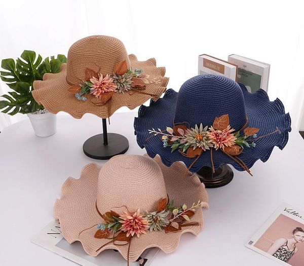 

foux bucket straw hat women summer flower wide brim sun shield visor fishing uv protection butterfly beach ladies female new, Blue;gray