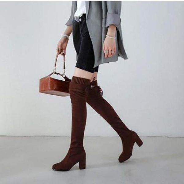 

winter new high tube boots women thick heel elastic over the knee high leg boots red overknee heeled sock, Black