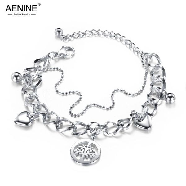 

charm bracelets aenine trendy double layer stainless steel love heart & tree for women girls bohemia chain link jewelry ab17088, Golden;silver