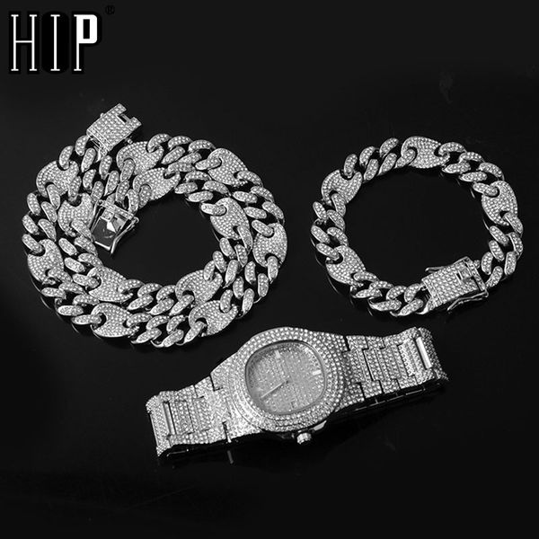

hip hop necklace +watch+bracelet + iced out alloy rhinestones coffee bean miami cuban link chain necklace for men jewelry, Silver