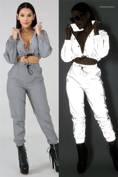 

color womens designer tracksuits fashion buttons panelled cool reflective womens 2pcs sets casual females clothing solid, Gray