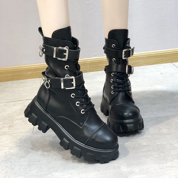 

boots black chunky heels round toe punk shoes female motorcycle platform short ankle boots autumn winter shoes footwear