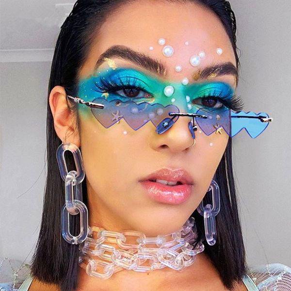 

2020 small rimless punk sunglasses women luxury fashion red pink heart unique rectangle sun glasses for female vintage lunette, White;black