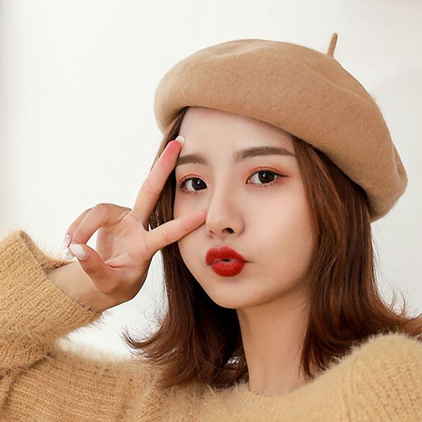 

lady autumn berets hat women wool vintage berets solid color caps winter female all matched warm walking cap, Blue;gray