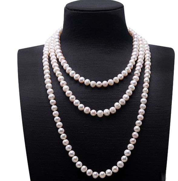 

sweater necklaces long round natural white 6-9mm natural freshwater pearl necklace endless charm necklace, Silver