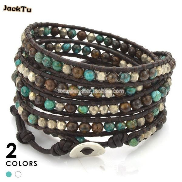 

tennis bronzite natural stone beaded leather cord bracelet, Golden;silver
