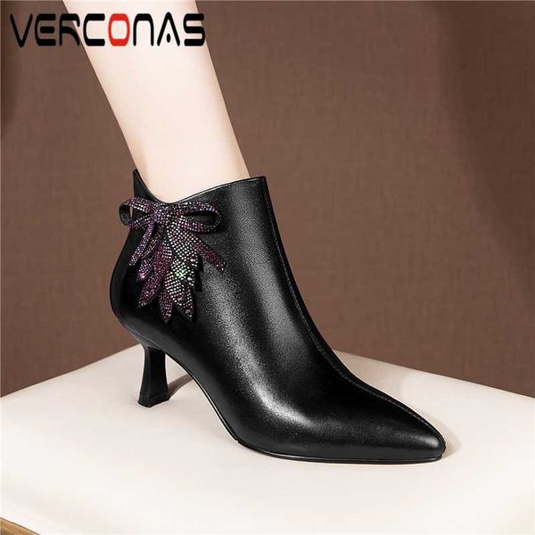 

verconas woman ankle boots new rhinestone butterfly-knot shoes woman autumn elegant high heels zip genuine leather basic boots, Black