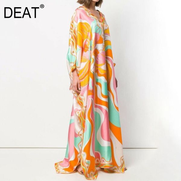 

deat] bohemian dress women floor length batwing sleeve v collar gold print high elastic silk elegant new autumn tide ar665, Black;gray