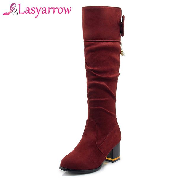 

lasyarrow motorcycle boots winter knee high boots fashion for women pleated snow knight winter large size shoes, Black