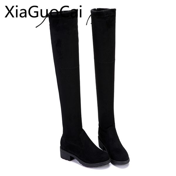 

autumn and winter over the knee women long boots elastic boots long tube female thigh high suede and flannel, Black