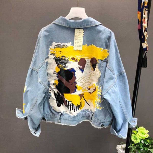 

women hand painted denim jacket spring pattern chic coat letters print cool jeans jacket 2020 autumn fashion pockets bf outwear, Black;brown