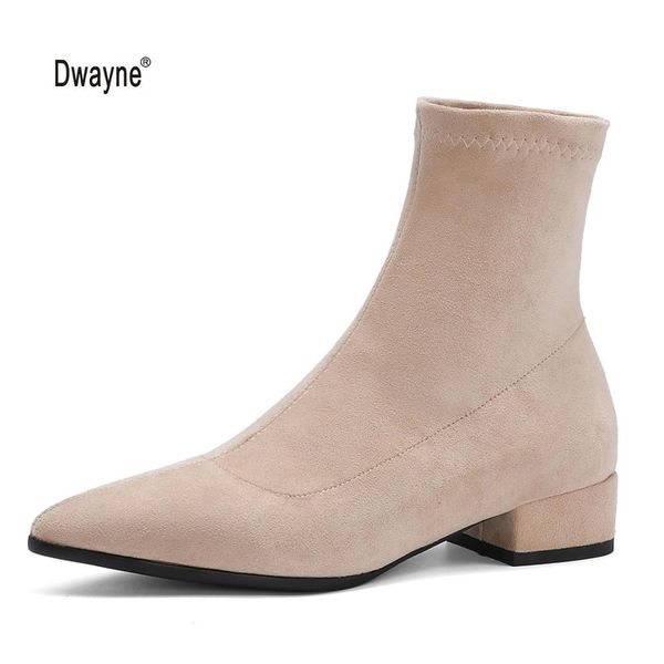 

women autumn winter warming boots 2020 new fashion slip-on low heel pointed toe flexible flock casual ankle boots big size 34-43, Black