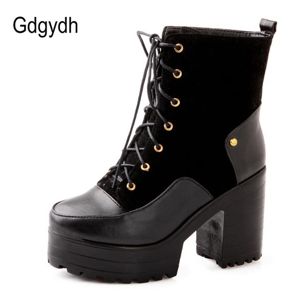 

gdgydh fashion design women high heeled shoes mixed colors lace-up platform female motorcycle boots round toe fur winter boots, Black