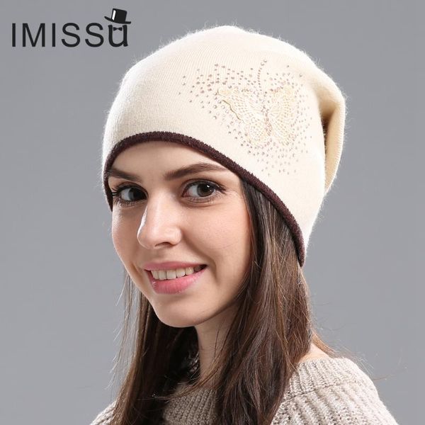 

beanie/skull caps imissu women's casual hat suitable for winter knitted wool skullies cap with butterfly pattern solid color gorros, Blue;gray