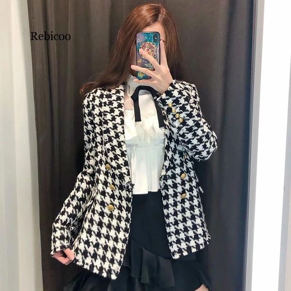 

women's jackets women autumn fashion houndstooth hairy jacket black&white vintage v-neck tweed streetwear outwear chaqueta mujer, Black;brown